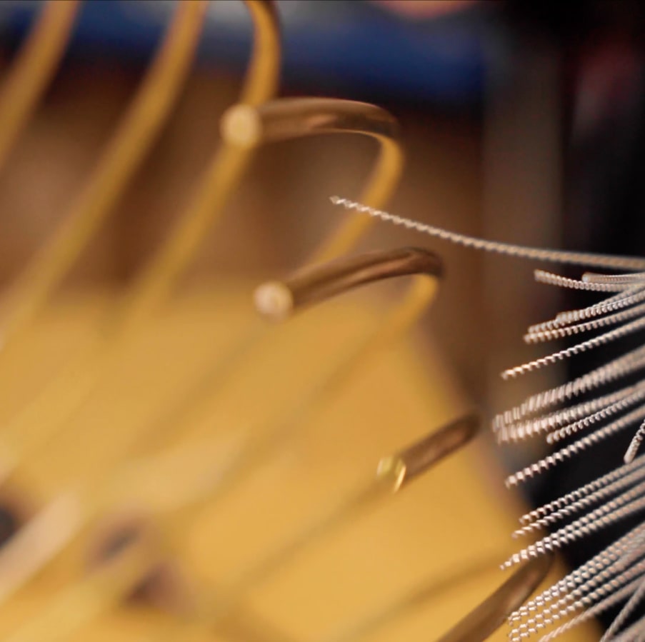 An abstract looking close-up of the prongs of a Hyperstellar Sailophone - a special type of Waterphone - which belongs to The Evelyn Glennie Collection.