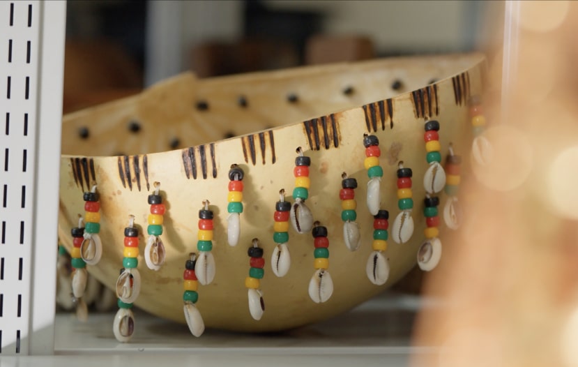 An African beaded bowl, which belongs to The Evelyn Glennie Collection.